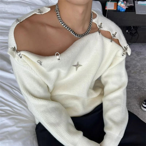 Button-down Off-shoulder Sweater