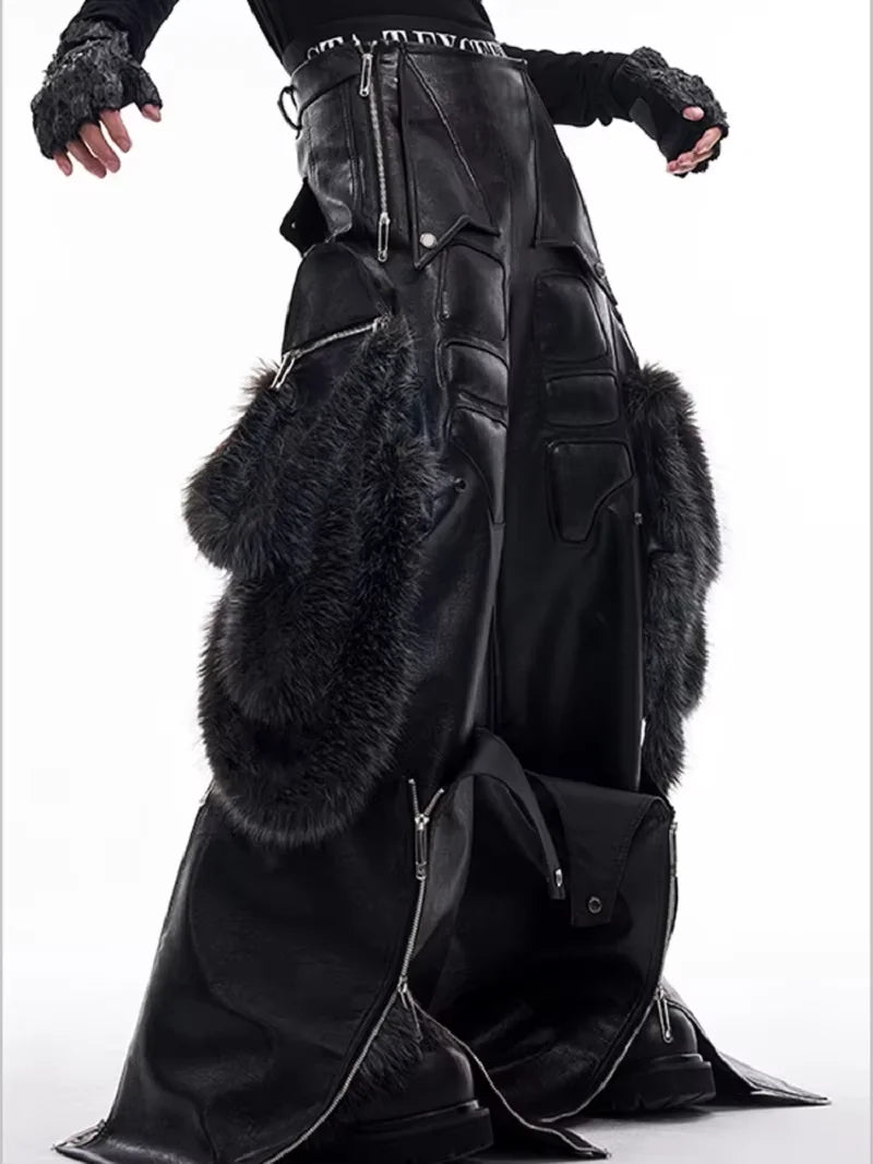 Long Baggy Black Pu Leather Wide Leg Cargo Pants