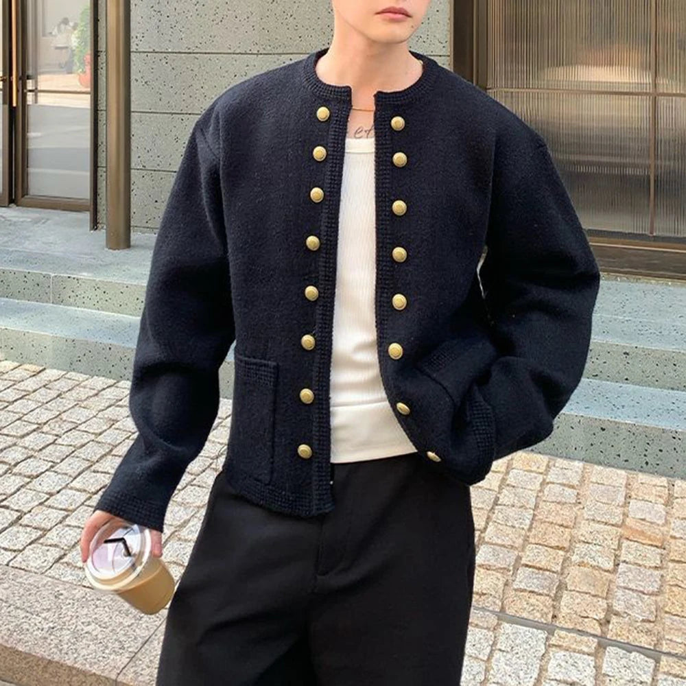 2025 Winter New Men's Solid Color Long-Sleeved Cardigan American Retro Fashion Trendy High Street Casual Loose Niche Men's Top