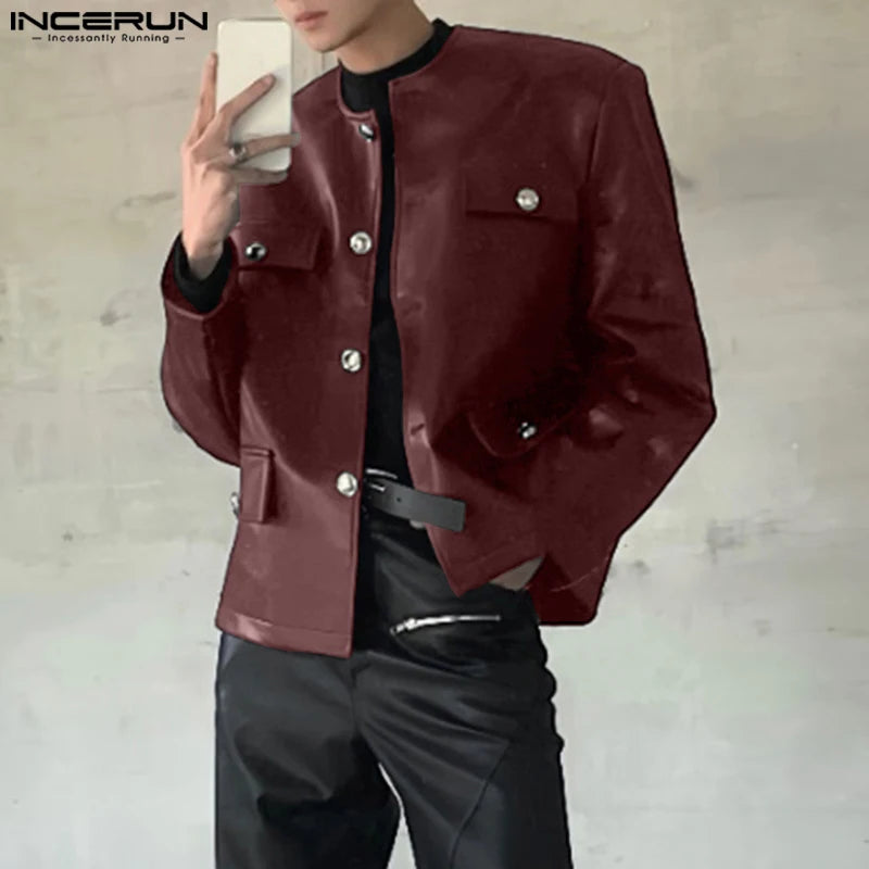 INCERUN Men Jackets PU Leather Solid Color O-neck Long Sleeve Male Coats Streetwear Button 2025 Fashion Casual Jackets Outerwear