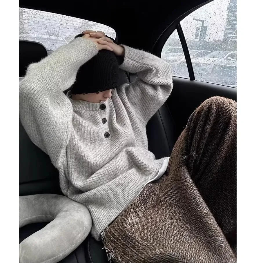 Men's Fashion Lazy Style Knitted Sweater Single Button Loose Henry Collar Winter Casual Outerwear Comfortable Soft Cotton