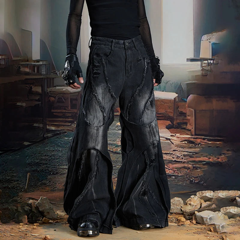 Niche Design Burr Patchwork Vintage Wide Leg Denim Pants