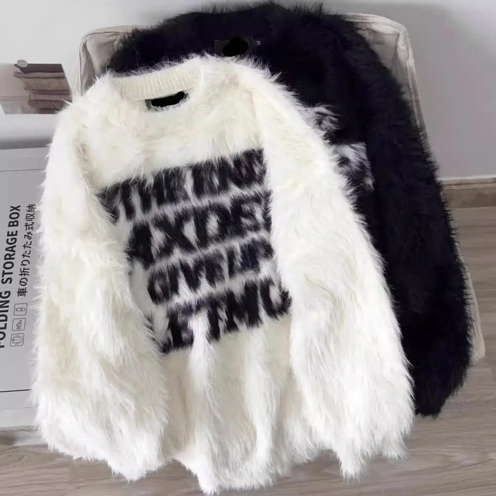 Couples Sweater American Retro Sle Loose Letter Faux Fur Women's Knitted Pullover Autumn Winter Faion Sensation
