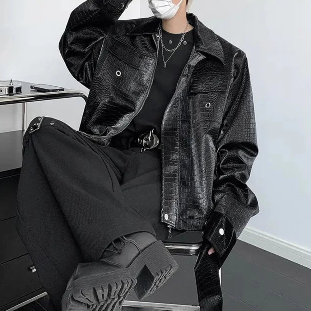 Y2K Mens Jacket Crocodile Pattern Shoulder Pads Leather Jacket Autumn Casual Breathable Youthful Retro Top Men's Clothing 2024