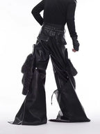 Long Baggy Black Pu Leather Wide Leg Cargo Pants