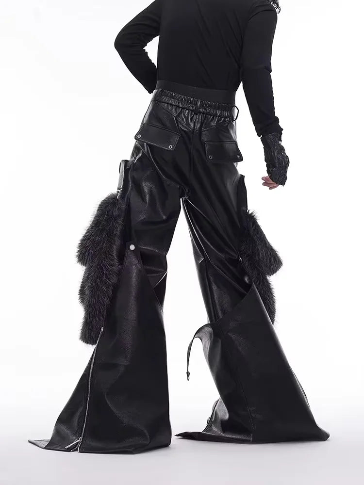 Long Baggy Black Pu Leather Wide Leg Cargo Pants