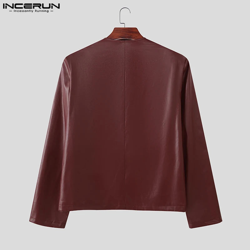 INCERUN Men Jackets PU Leather Solid Color O-neck Long Sleeve Male Coats Streetwear Button 2025 Fashion Casual Jackets Outerwear