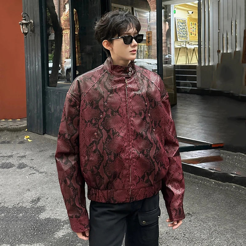 IEFB High Street Men's Jackets PU Leather Rivets Decoration Snakeskin Pattern Contrast Color Loose Zipper Male Coats 9X1676