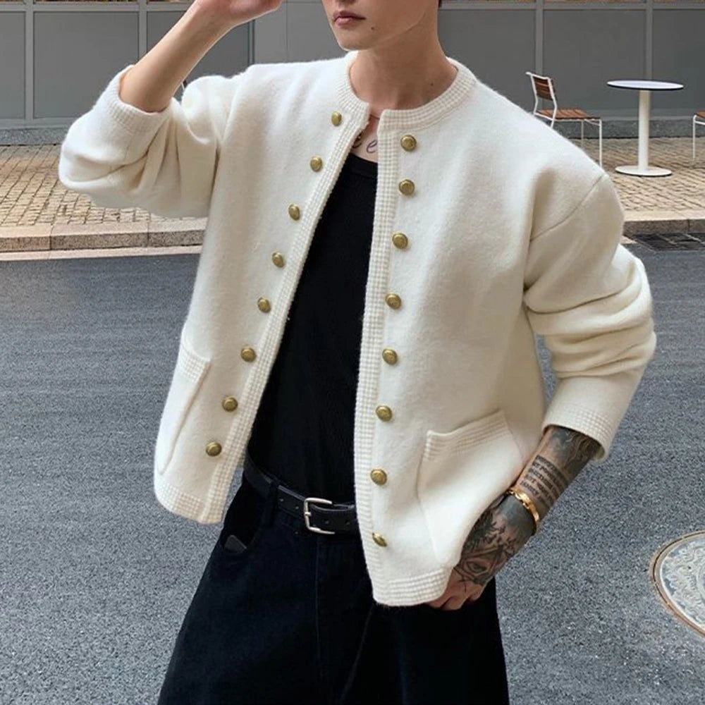 2025 Winter New Men's Solid Color Long-Sleeved Cardigan American Retro Fashion Trendy High Street Casual Loose Niche Men's Top