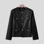 INCERUN Men Jackets PU Leather Solid Color O-neck Long Sleeve Male Coats Streetwear Button 2025 Fashion Casual Jackets Outerwear