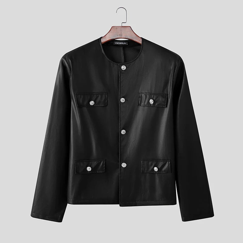 INCERUN Men Jackets PU Leather Solid Color O-neck Long Sleeve Male Coats Streetwear Button 2025 Fashion Casual Jackets Outerwear