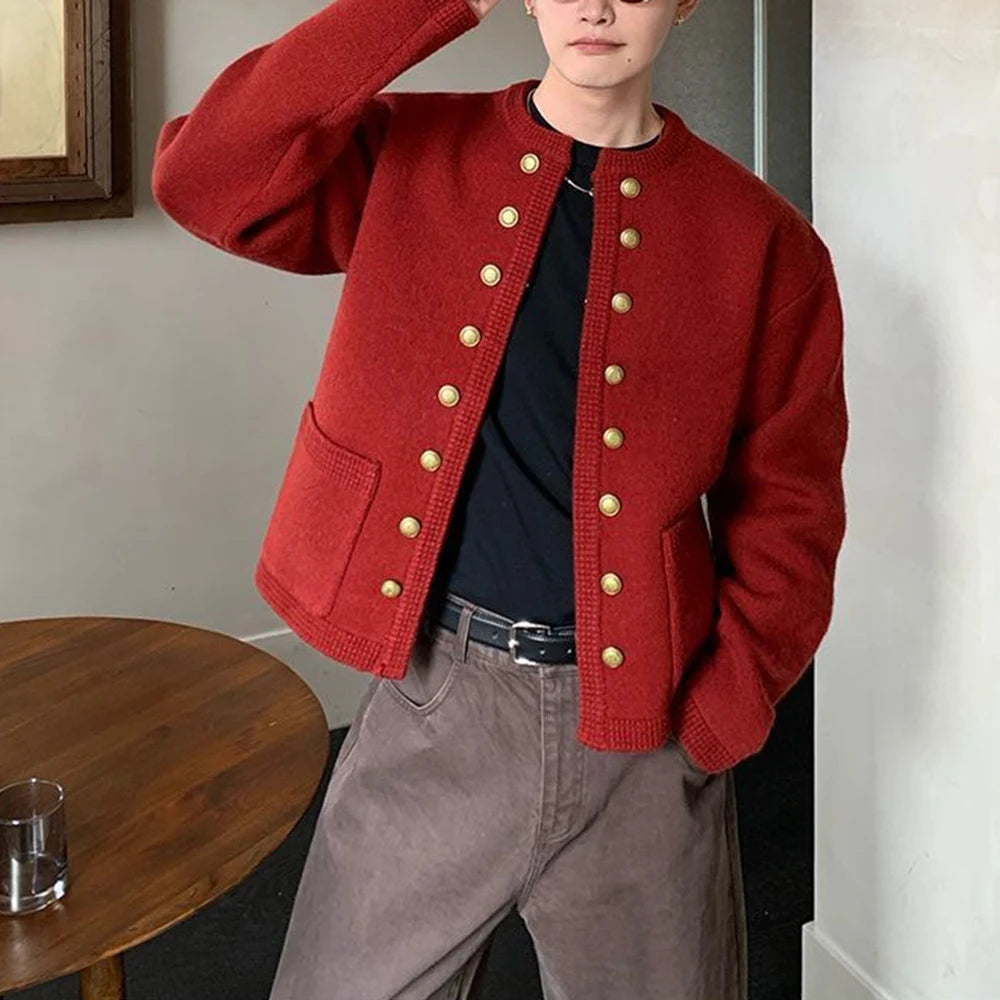 2025 Winter New Men's Solid Color Long-Sleeved Cardigan American Retro Fashion Trendy High Street Casual Loose Niche Men's Top