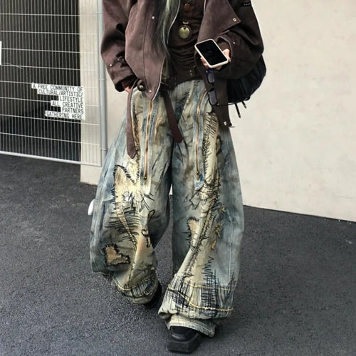 American Street Destruction Style Embroidered Denim Pants