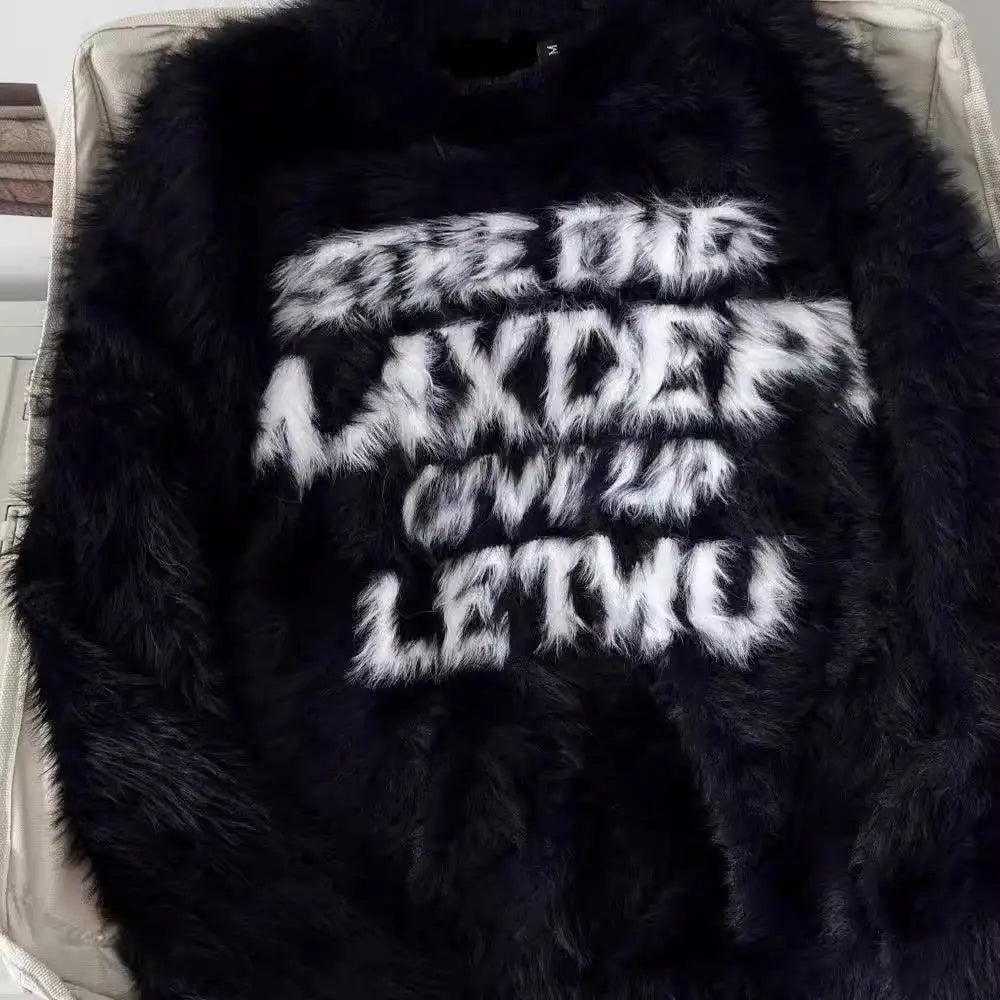 Couples Sweater American Retro Sle Loose Letter Faux Fur Women's Knitted Pullover Autumn Winter Faion Sensation