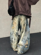American Street Destruction Style Embroidered Denim Pants Oversized Retro Wash Personality Fashion Loose Casual Wide Leg Jeans