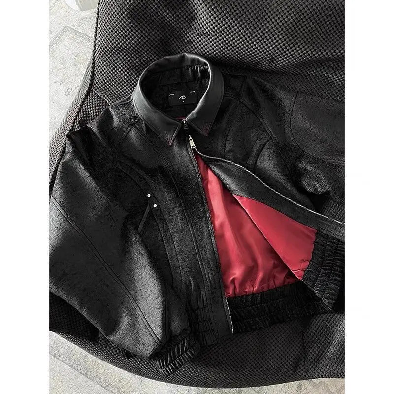 American Fashion Trend New Lapel Leather Jacket Men Y2K Harajuku Vintage Handsome High Sense Cleanfit Short Casual Couple Coats