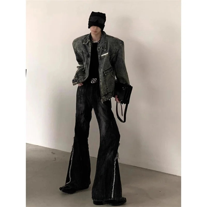 Retro Washed Shoulder Padded Denim Jacket