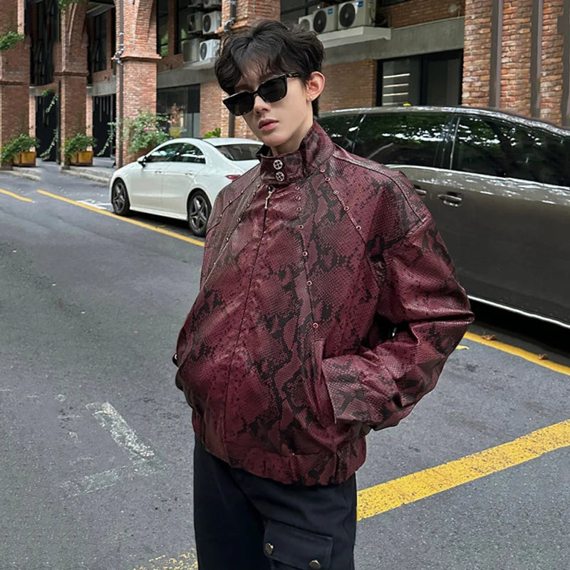 IEFB High Street Men's Jackets PU Leather Rivets Decoration Snakeskin Pattern Contrast Color Loose Zipper Male Coats 9X1676
