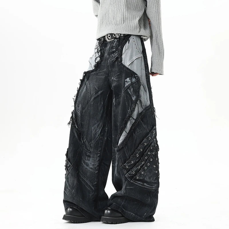 Drawstring Raw Edge Dirty-dying Worn-out Male Jeans