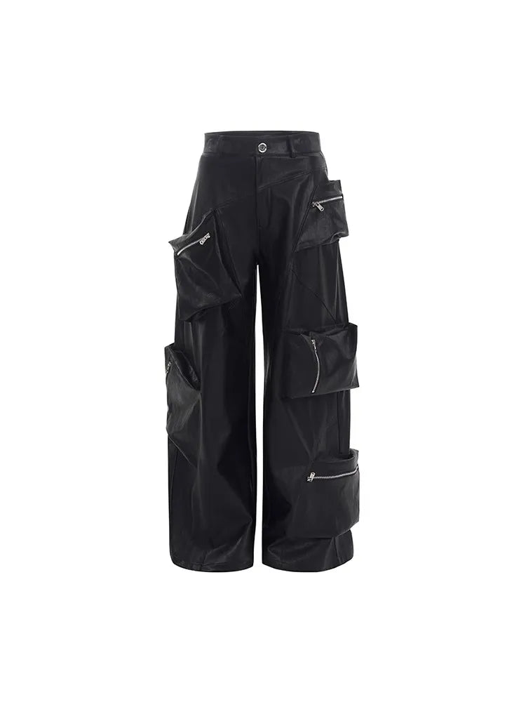 Long Baggy Black Pu Leather Wide Leg Cargo Pants