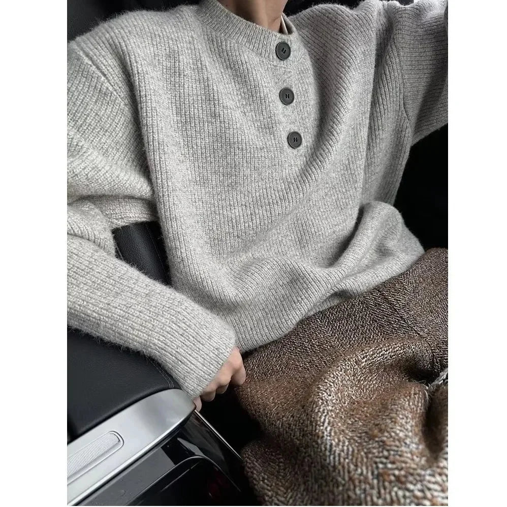 Men's Fashion Lazy Style Knitted Sweater Single Button Loose Henry Collar Winter Casual Outerwear Comfortable Soft Cotton