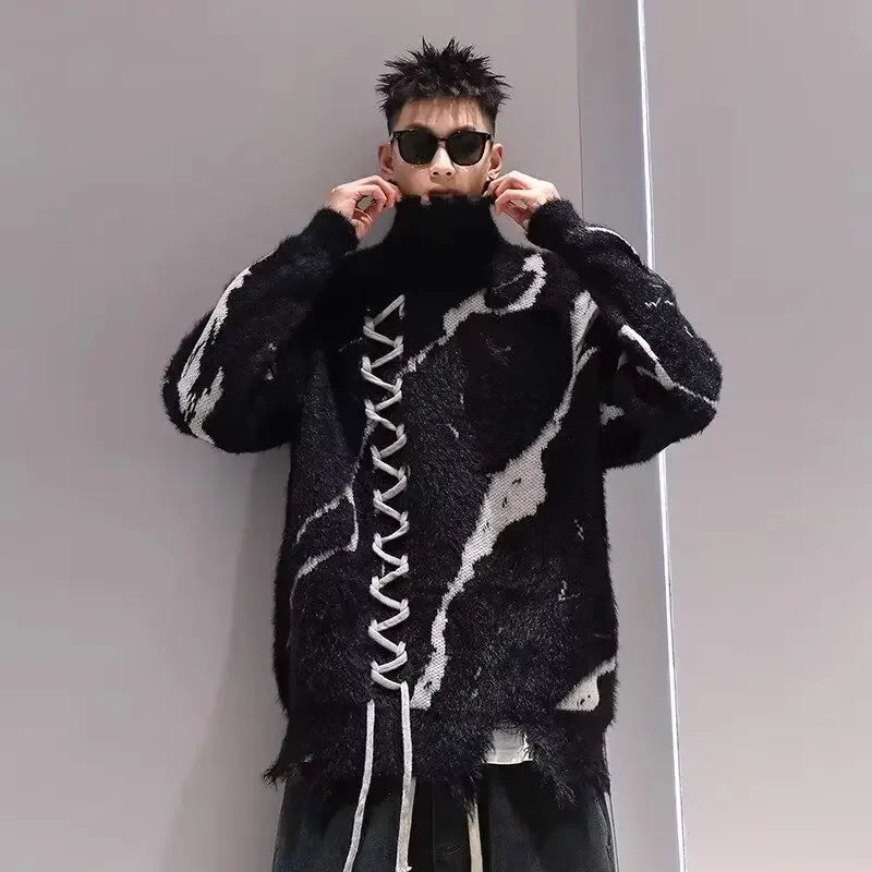 Dark Split Design High Neck Knitted Sweater