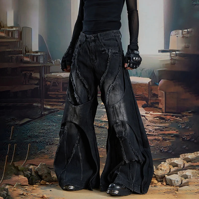Niche Design Burr Patchwork Vintage Wide Leg Denim Pants
