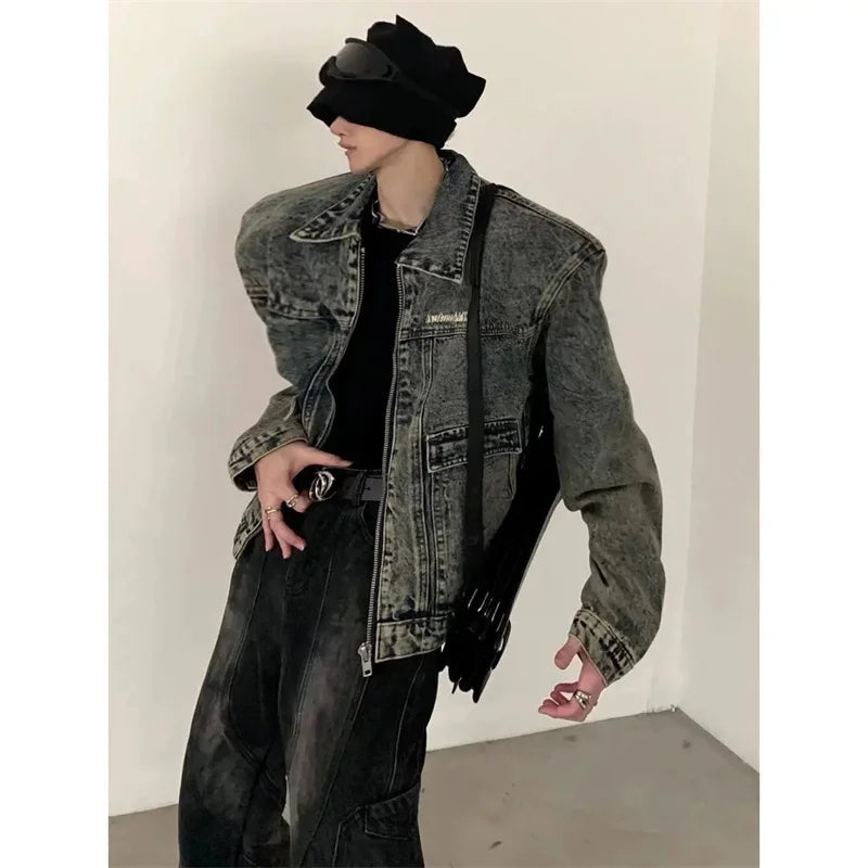 Retro Washed Shoulder Padded Denim Jacket