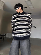 Men's Clothing Mohair Black And White Striped Design Plush Sweater Autumn And Winter Knitwear Top pullover pull homme hiver