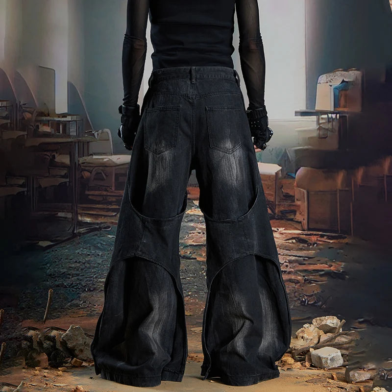 Niche Design Burr Patchwork Vintage Wide Leg Denim Pants