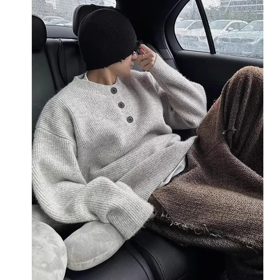 Men's Fashion Lazy Style Knitted Sweater Single Button Loose Henry Collar Winter Casual Outerwear Comfortable Soft Cotton
