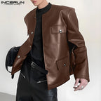 INCERUN Men Jackets PU Leather Solid Color O-neck Long Sleeve Male Coats Streetwear Button 2025 Fashion Casual Jackets Outerwear