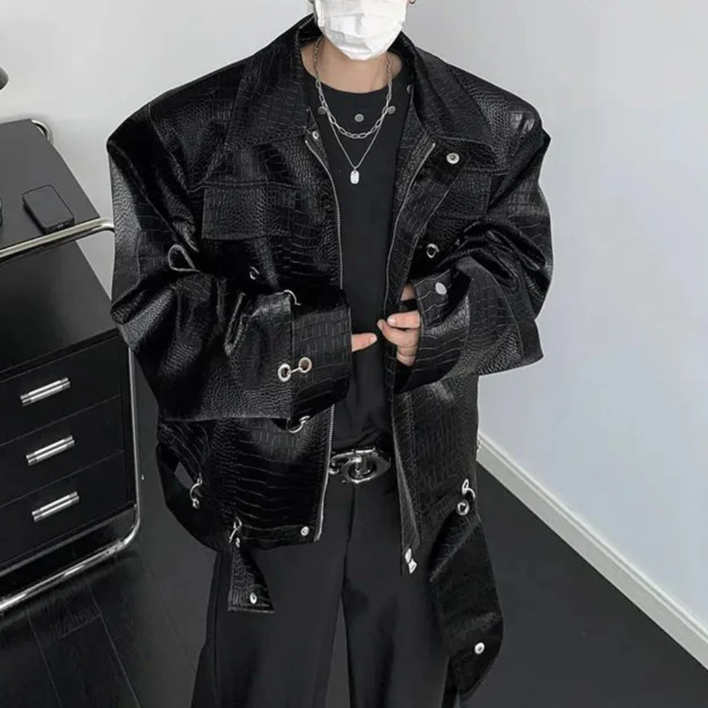 Y2K Mens Jacket Crocodile Pattern Shoulder Pads Leather Jacket Autumn Casual Breathable Youthful Retro Top Men's Clothing 2024
