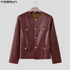 INCERUN Men Jackets PU Leather Solid Color O-neck Long Sleeve Male Coats Streetwear Button 2025 Fashion Casual Jackets Outerwear