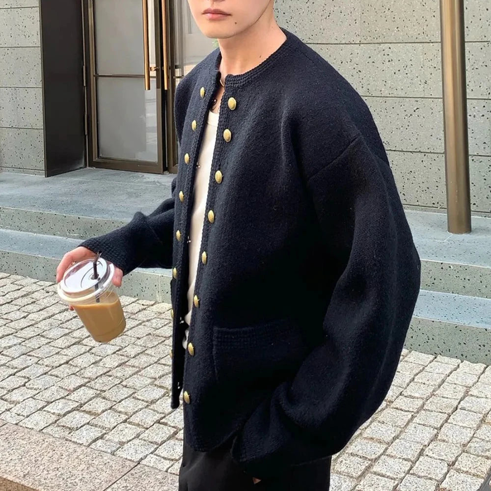 2025 Winter New Men's Solid Color Long-Sleeved Cardigan American Retro Fashion Trendy High Street Casual Loose Niche Men's Top