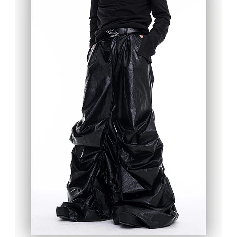 Long Baggy Black Pu Leather Wide Leg Cargo Pants