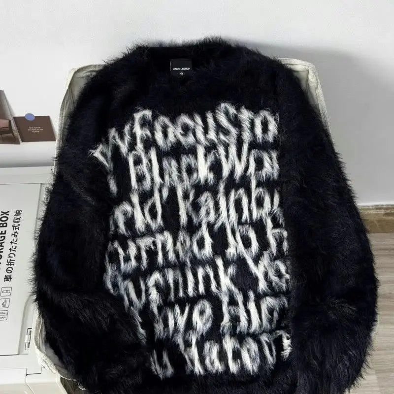 Retro Couple Letter Soft Waxy Sweater Men and Women Autumn and Winter Loose Knitted Sweater