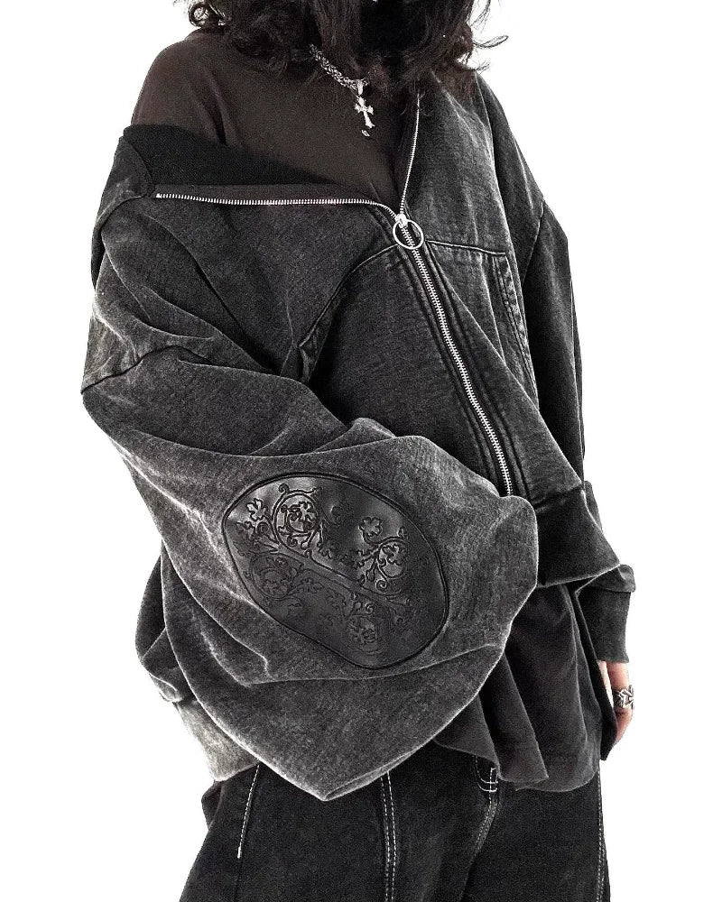 Gothic washed embroidered men hoodie retro hip-hop Y2k zipper hoodie fashionable street pure cotton overweight couple sportswear