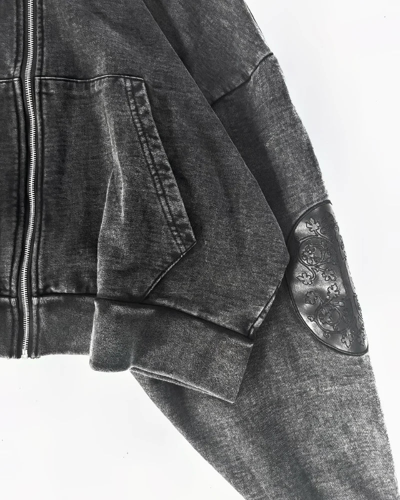 Gothic washed embroidered men hoodie retro hip-hop Y2k zipper hoodie fashionable street pure cotton overweight couple sportswear