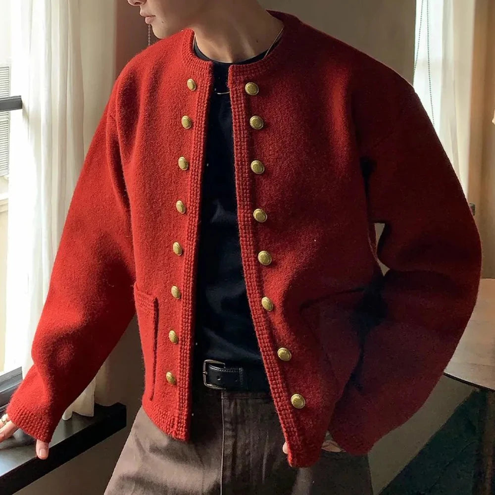 2025 Winter New Men's Solid Color Long-Sleeved Cardigan American Retro Fashion Trendy High Street Casual Loose Niche Men's Top