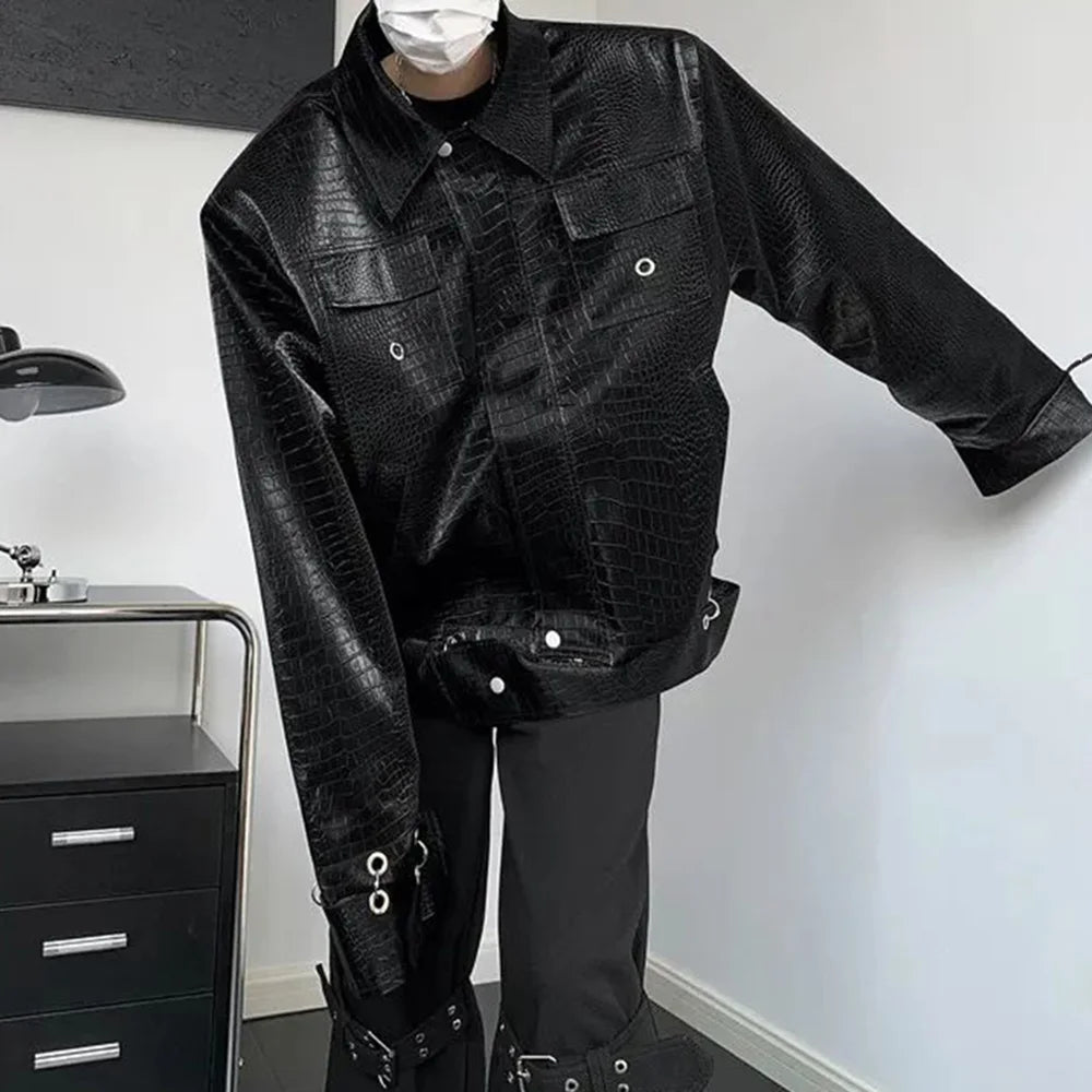 Y2K Mens Jacket Crocodile Pattern Shoulder Pads Leather Jacket Autumn Casual Breathable Youthful Retro Top Men's Clothing 2024