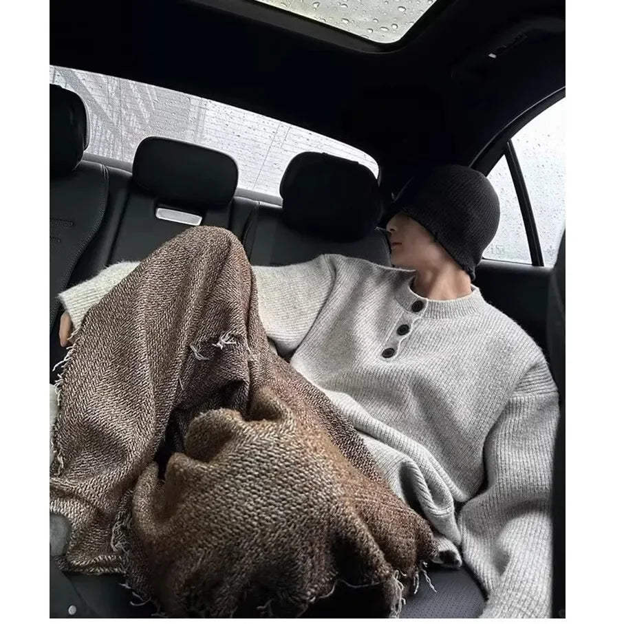 Men's Fashion Lazy Style Knitted Sweater Single Button Loose Henry Collar Winter Casual Outerwear Comfortable Soft Cotton