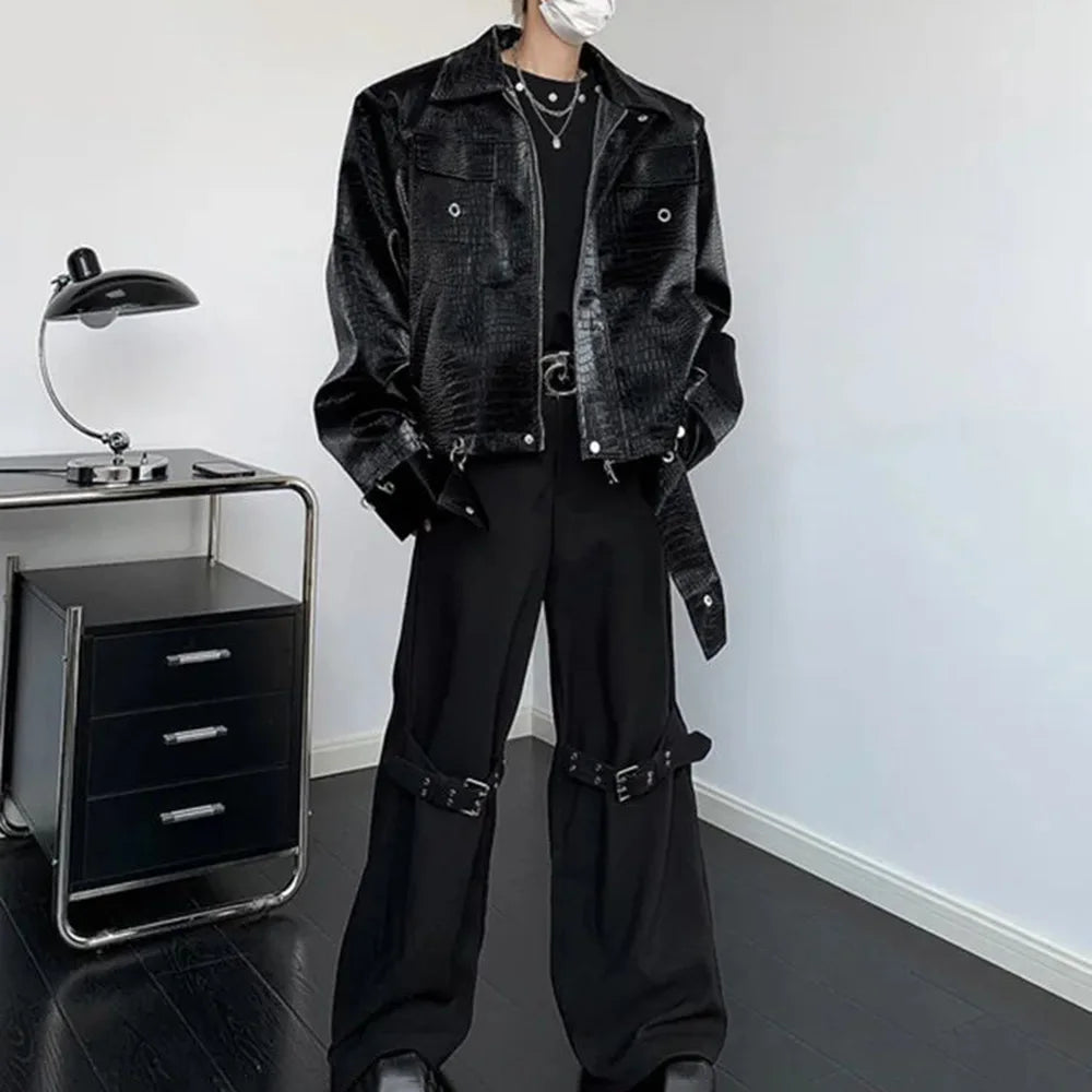 Y2K Mens Jacket Crocodile Pattern Shoulder Pads Leather Jacket Autumn Casual Breathable Youthful Retro Top Men's Clothing 2024