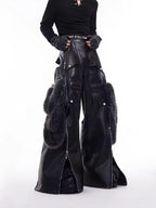 Long Baggy Black Pu Leather Wide Leg Cargo Pants