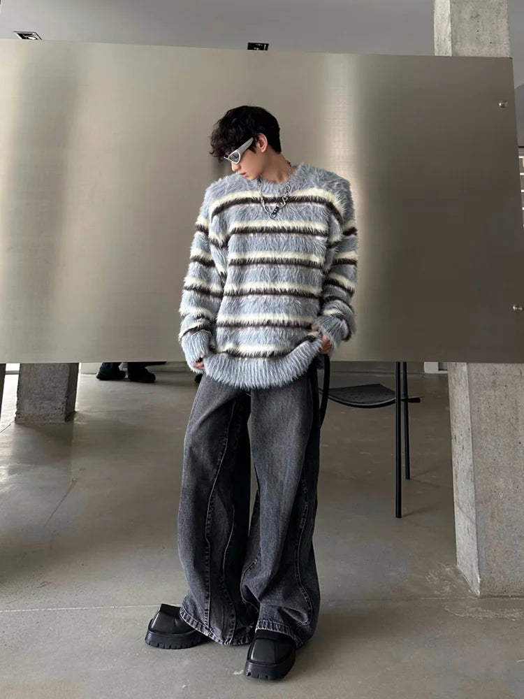 Men's Clothing Mohair Black And White Striped Design Plush Sweater Autumn And Winter Knitwear Top pullover pull homme hiver