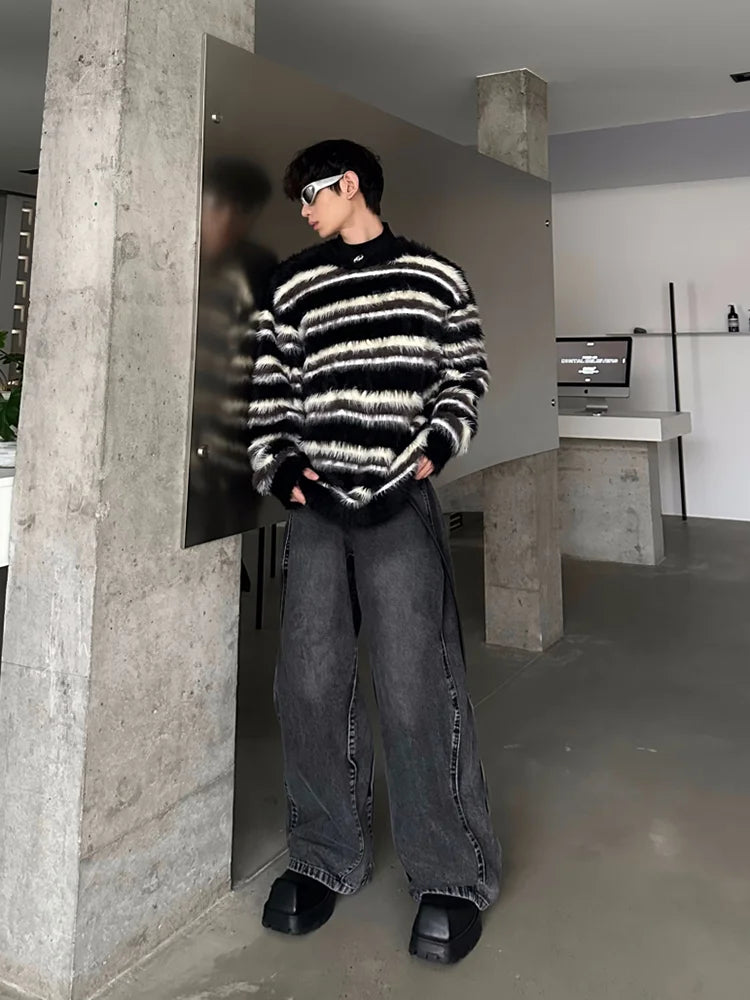 Men's Clothing Mohair Black And White Striped Design Plush Sweater Autumn And Winter Knitwear Top pullover pull homme hiver
