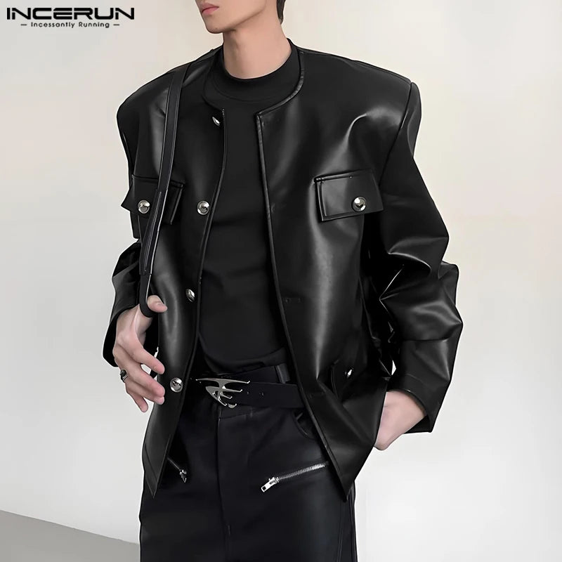 INCERUN Men Jackets PU Leather Solid Color O-neck Long Sleeve Male Coats Streetwear Button 2025 Fashion Casual Jackets Outerwear