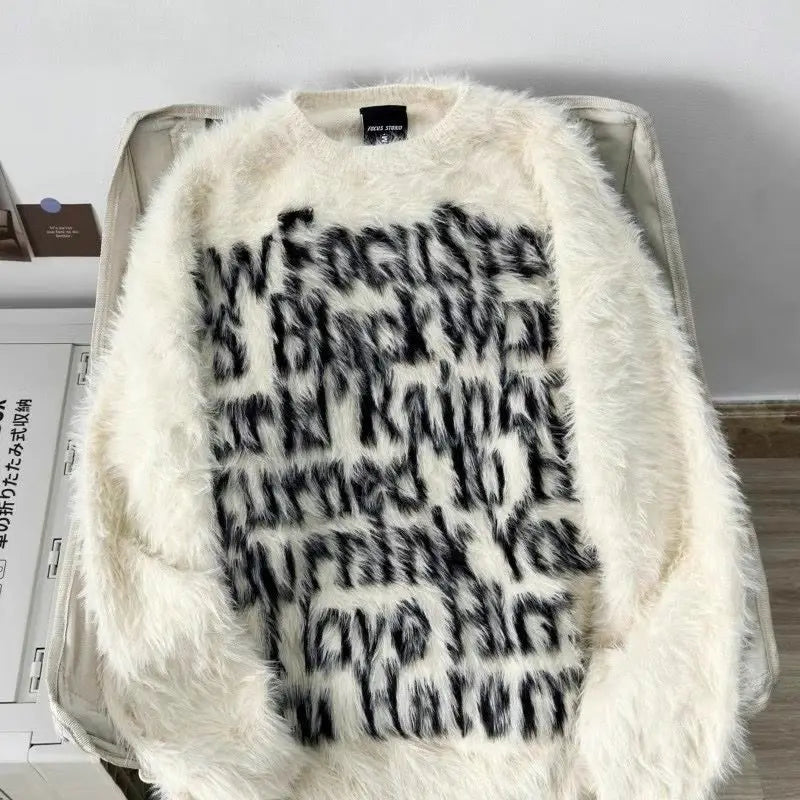 Retro Couple Letter Soft Waxy Sweater Men and Women Autumn and Winter Loose Knitted Sweater