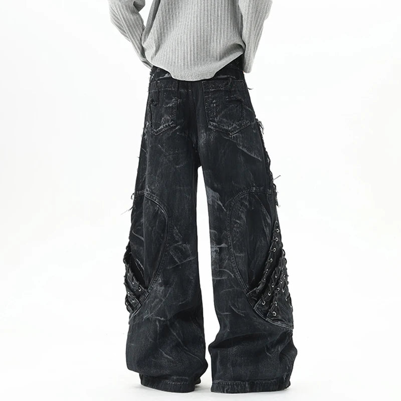 Drawstring Raw Edge Dirty-dying Worn-out Male Jeans
