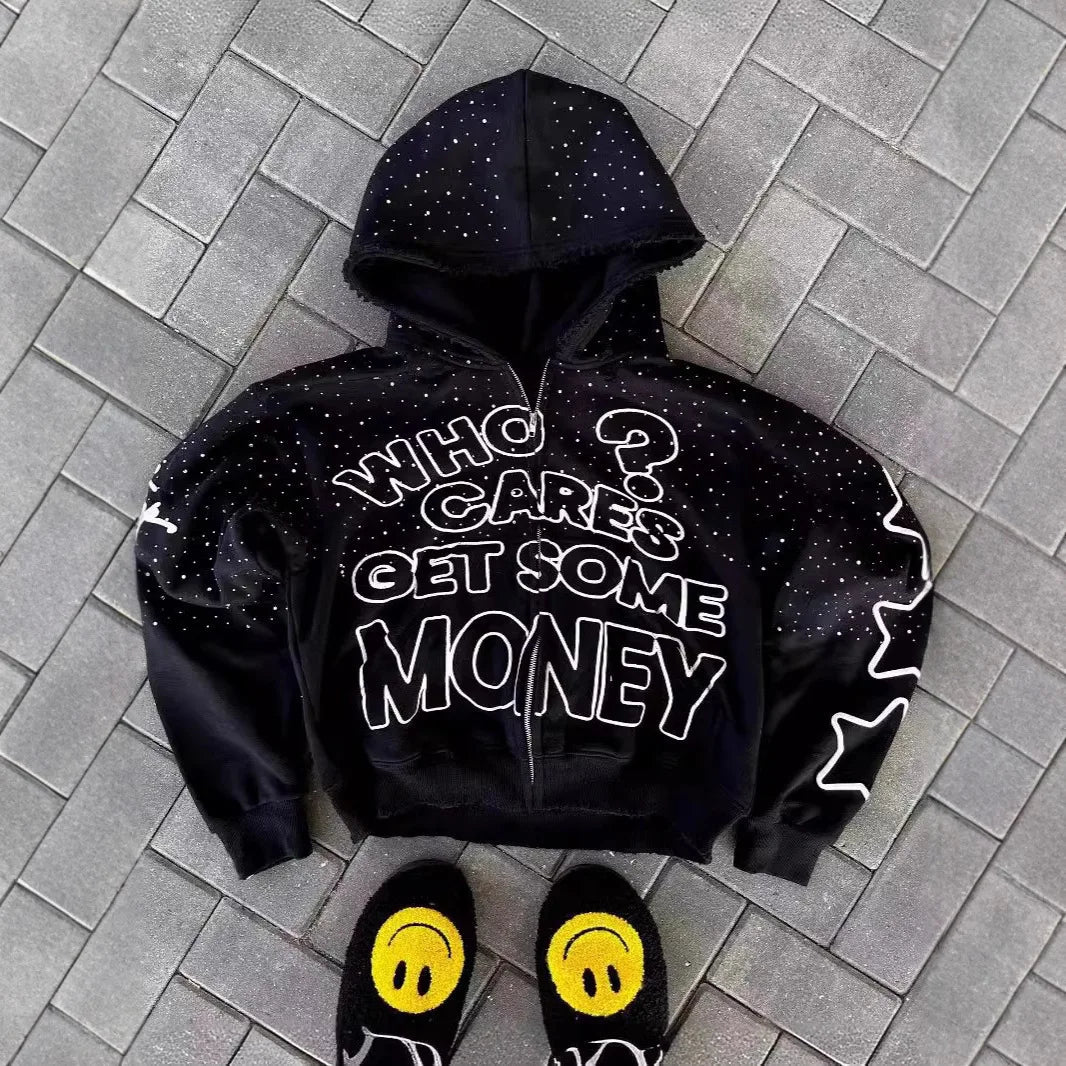 Y2K trendy American letter pattern  zipper hoodie